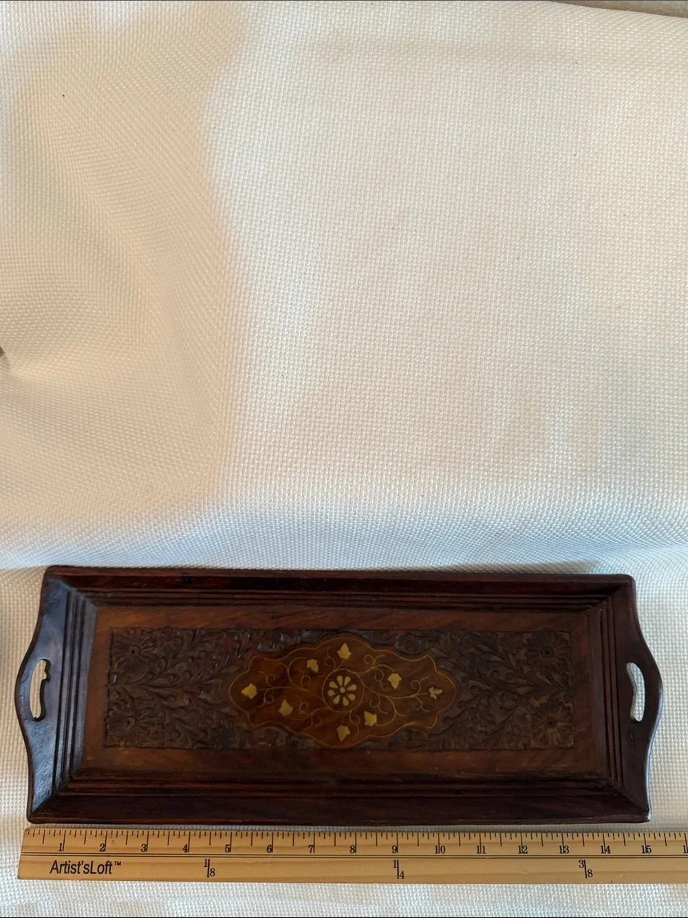 Vintage Indian Hand Carved Wooden Serving Tray w/ Inlay 15.5